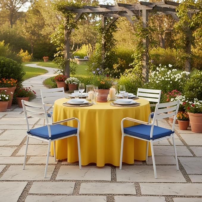 sancua Round Tablecloth - 120 Inch - Water Resistant Spill Proof Washable Polyester Table Cloth Decorative Fabric Table Cover for Dining Tables, Buffet Parties and Camping, Yellow