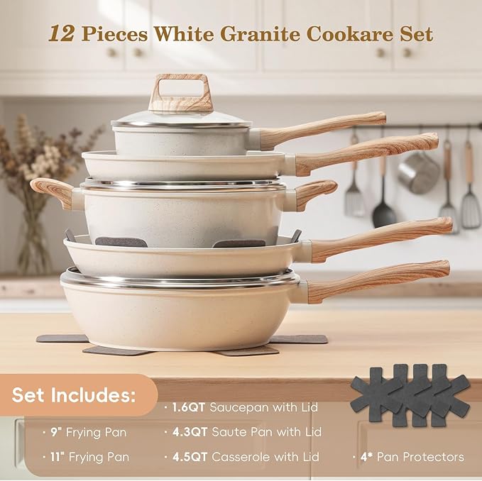 12 Pcs Pots and Pans Set Non Stick, Cookware Sets White Granite Induction Cookware, Non-toxic Healthy Nonstick Kitchen Cooking Set with Frying Pan Set, Saucepans (PFAS/PFOA/PFOS Free)