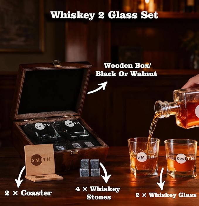 Personalized Whiskey Glass Gift Set – 10.25 oz Engraved 2 Bourbon Glass & 4 Stones & 2 Wooden Coaster with Wooden Box,Old Fashioned Cocktail Glass,Groomsmen & Father’s Day Gift