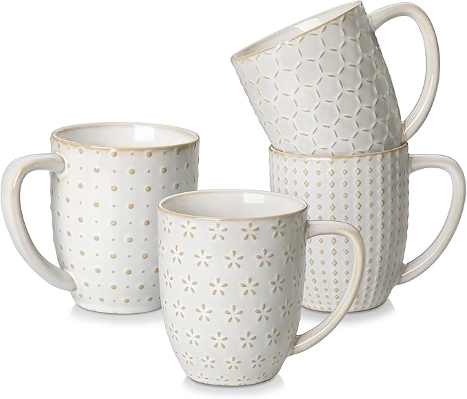 MALACASA LYDIA Coffee Mugs, 16 OZ Ceramic Mugs Set of 4 with Handle, Embossment Cups for Latte, Hot Tea, Cappuccino, Mocha, Cocoa, Dishwasher & Microwave Safe Gift Set, White