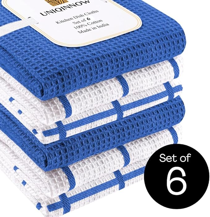 Assorted Waffle Kitchen Dish Towels 100% Cotton Set of 6, Soft Absorbent Quick Drying Table and Kitchen Linen, Tea Towels and Cleaning Towels with Hanging Loop, Dish Towels 15x25 Blue