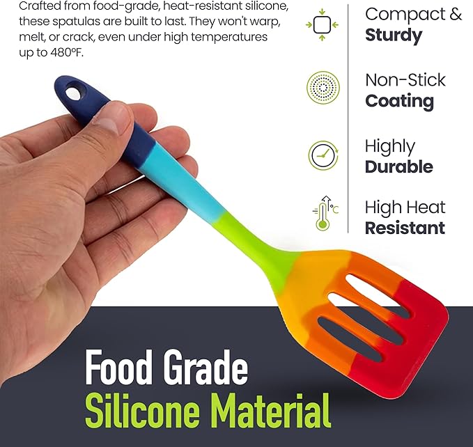 9-Piece Rainbow Silicone Spatula Set with Tongs – Multicolor Heat-Resistant Cooking Utensils for Nonstick Cookware – Flexible Turner, Spoon, Spatula, Brush, FDA Safe