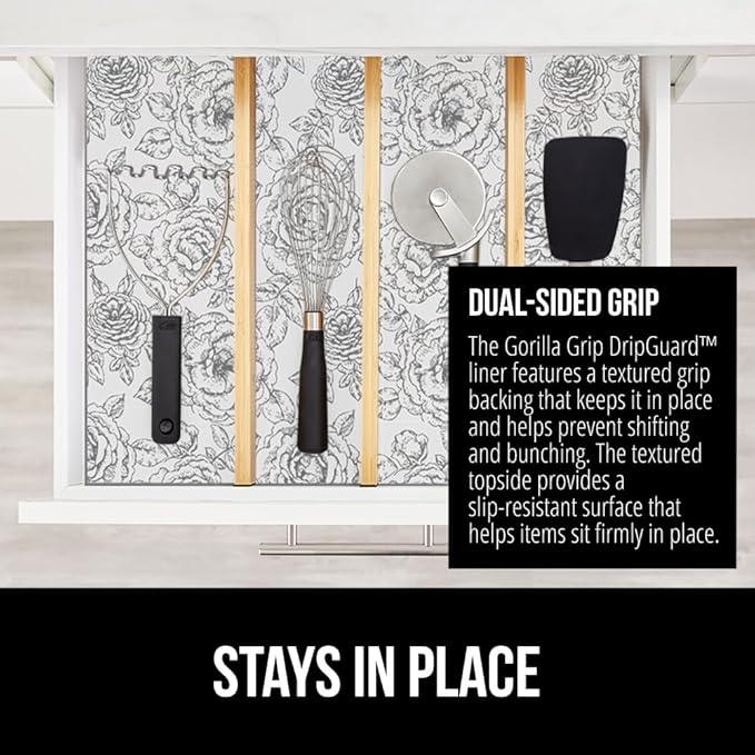 GORILLA GRIP DripGuard Shelf Liner, Non Adhesive Drawer and Kitchen Cabinet Protector, 24x240 Inch, Slip Resistant BPA Free Smooth Surface Plastic Liners for Cabinets, Bathrooms, Closets, Floral Gray