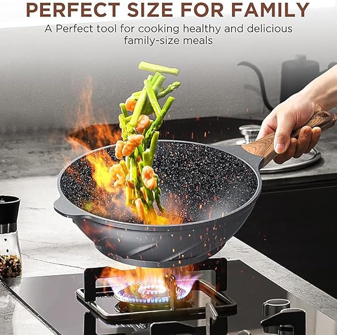 Nonstick Wok and Stir Fry Pan 12.5 inch with Spatula, Die-cast Aluminum Scratch Resistant Healthy Wok with Free-standing Lid