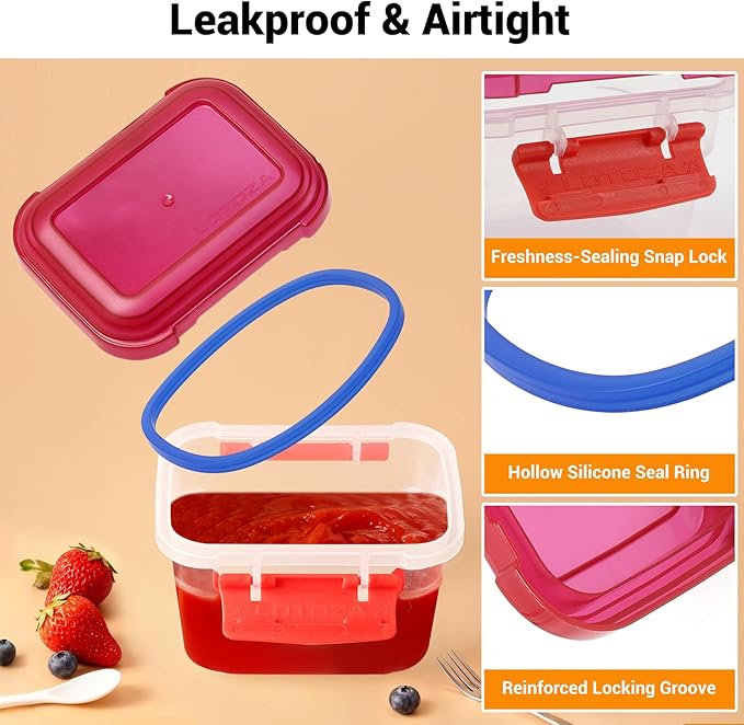 12oz 5oz Small Plastic Food Storage Containers with Lids Snap Lock Lunch Box Square Leakproof Snack Container Salad Fruit Jam Yogurt BPA Free Stackable Microwave Dishwasher Safe Sets 4 Pack