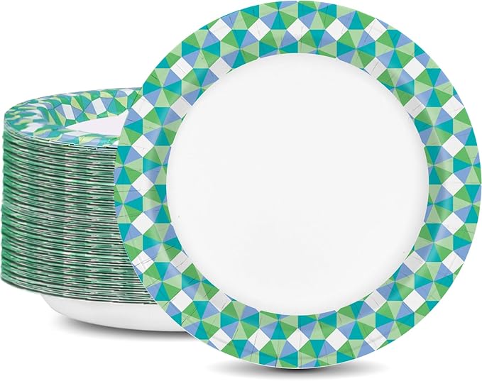 Charmount Paper Plates Bulk, 10 Inch Large Paper Plates, 100pcs Disposable Paper Plates, Blue Paper Plates for Parties and Daily Use, Soak Proof, Cut Proof, Green Printed