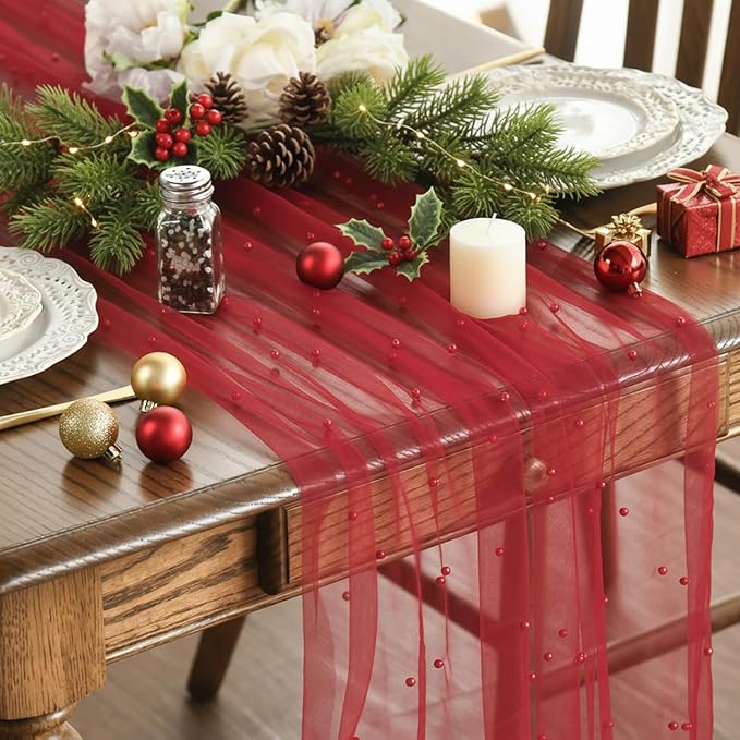 Artoid Mode Pearl Red Gauze Table Runner 59x120 Inch , Seasonal Sheer Kitchen Dining Holiday Wedding Birthday Baby Shower Table Decor for Home Party