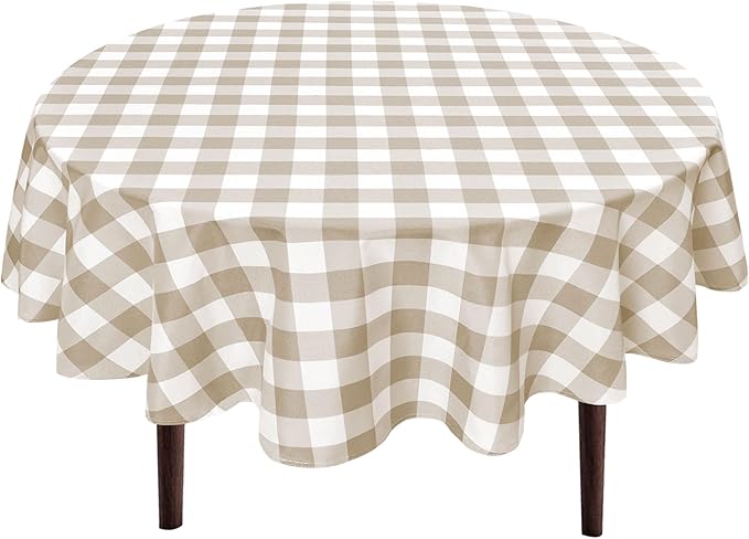Hiasan Checkered Round Tablecloth 120 Inch - Waterproof Stain and Wrinkle Resistant Washable Fabric Table Cloth for Dining Room Party Outdoor Picnic,Khaki and White