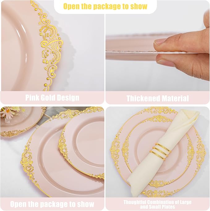 200PCS Pink and Gold Plates - Pink Plastic Plates - Fancy Disposable Plate with Gold Rim - Vintage Wedding Dinner & Dessert Plate for 100 Guests for Wedding & Valentine's Day & Bridal Shower