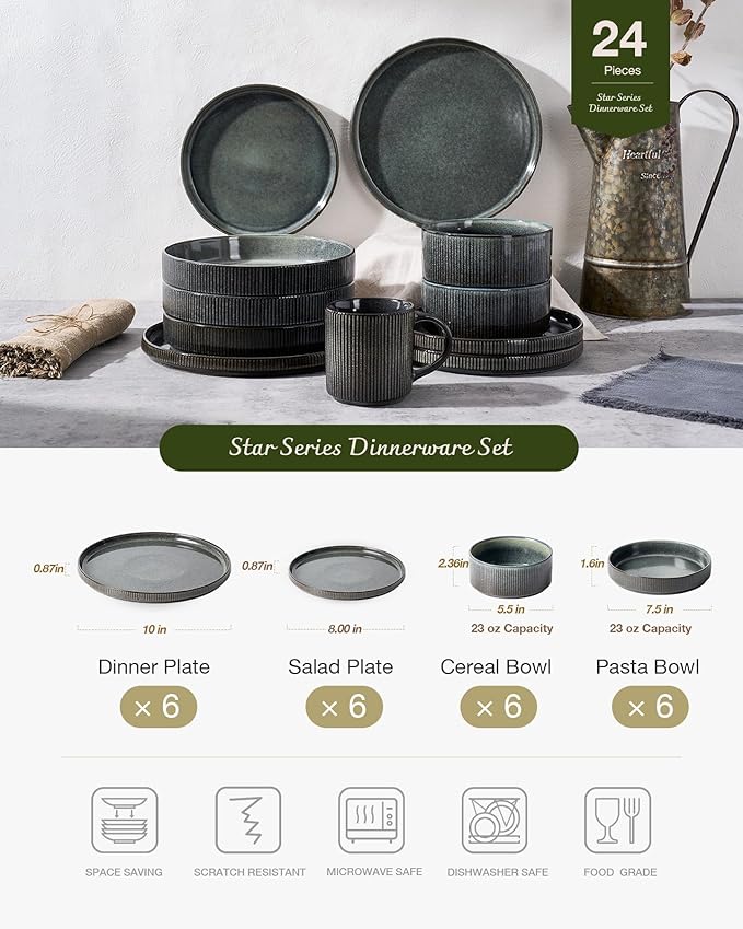 Famiware Star Stoneware Dinnerware Sets for 6 (24pcs), Chip and Scratch Resistant, Microwave & Dishwasher Safe Complete Dishes, Pasta Bowl, Cereal Bowl, Dinner Plate, Salad Plate, Ribbed, Deep Forest