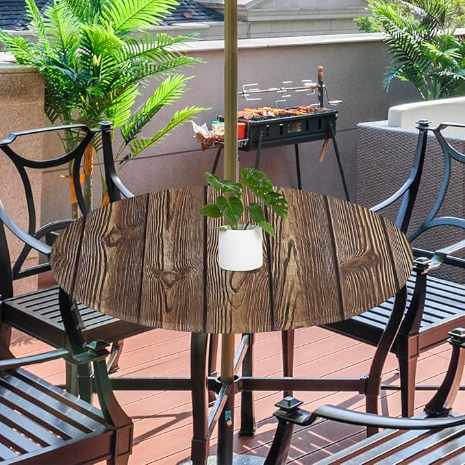 Brown Wooden Texture Round Fitted Tablecloth with Umbrella Hole and Zipper, 45"-56" Outdoor Elastic Tablecloths Wipeable Patio Table Cover for Garden Table Picnic Party BBQs Camping
