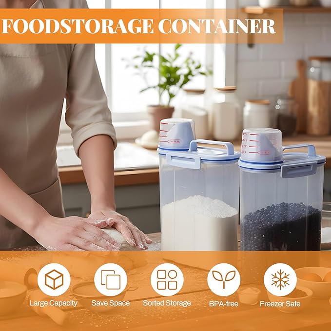 SHENLIU 4 Pcs 5.5 Lbs Rice Container Cereal Storage Container, Kitchen Pantry Dry Food Storage Holder Rice Dispenser with Easy-Pouring Spout & Handy Cup, Pet Dog Cat Food Dispenser for Daily Feeding