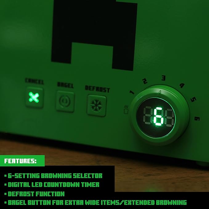 Minecraft Green Creeper 2-Slice Toaster For Bagels, Waffles, and Breads | Features 6 Settings With Defrost Option | Imprints Creeper Symbol On Bread