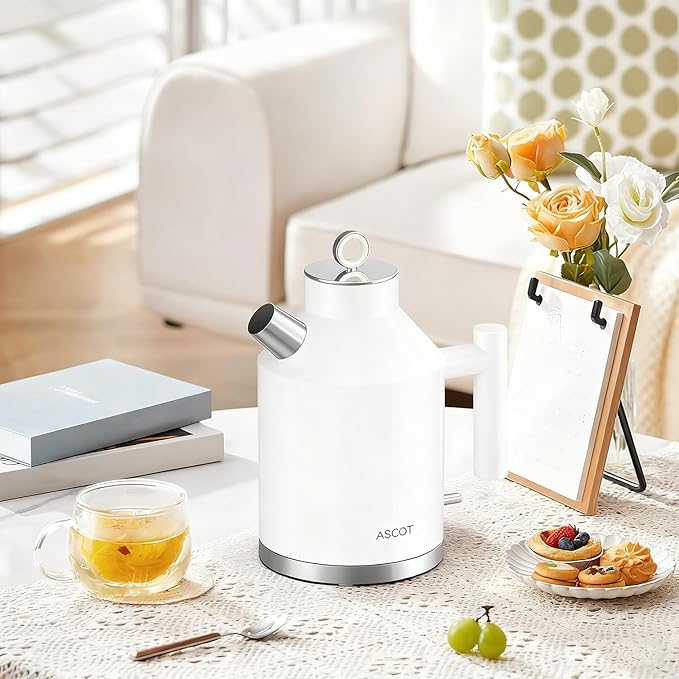 ASCOT Electric Kettle, Electric Tea Kettle 1.5L 1500W Retro Tea Heater & Boiling Water, Auto Shut-Off and Boil-Dry Protection (White)