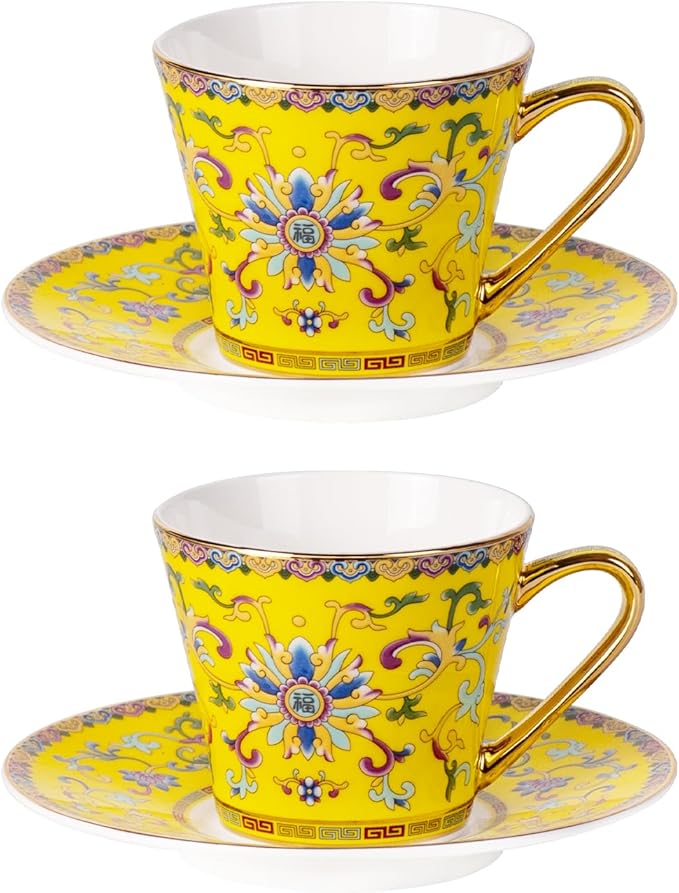 KAMMAK Tea Cups and Saucers Set of 2, Porcelain Coffee Cups with Saucer for Espresso, Cappuccino, 9oz Vintage Noble Yellow Ceramic Novelty Mug for Home, Tea Party, Office