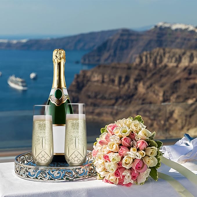 SHOSHIN Stemless Champagne Flutes Crystal, Hand Cut Champagne Glasses Set of 4, 9.5 Oz Champagne Toasting Glasses, Handmade Gift for Birthday, Wedding, Anniversary