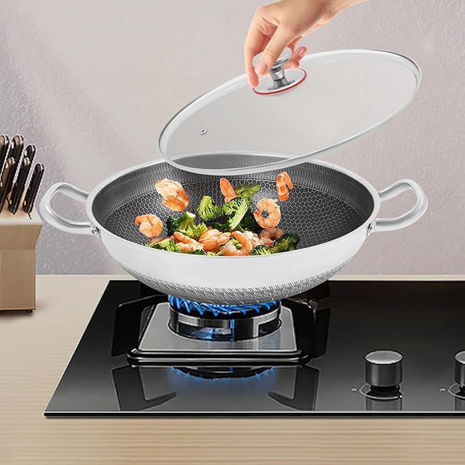 Wok Pan,Hybrid Wok with Lid,Non Stick Stainless Steel Woks & Stir-fry Pans Nonstick Frying Pan Dishwasher and Oven Safe, Works on Induction (13 inch)