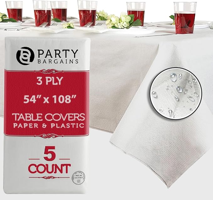 PARTY BARGAINS Disposable Table Covers, 54 x 108 Inch, White, 3-Ply Paper & Plastic Spill-Resistant Party Tablecloths, 5 Pack