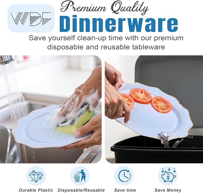 WDF 175Pcs Blue Plastic Plates - Heavy Duty Baby Blue Plates Disposable - 25Guests Plastic Dinnerware Ideal for Parties/Wedding/Baby Shower/Easter
