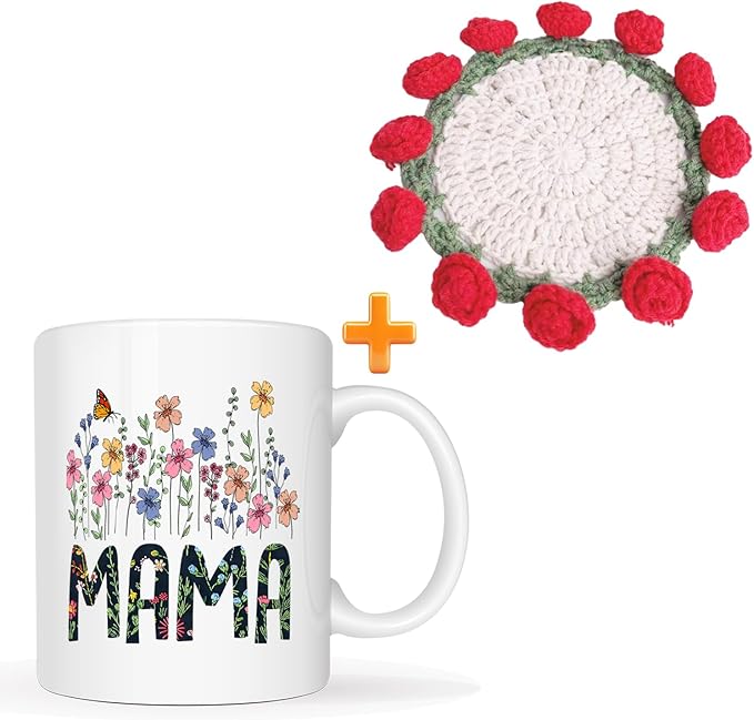 "MAMA Ceramic Flower Mug Christmas with Handmade Crochet Rose Coaster – 1st Mother’s Day Gift – 11oz Tea/Coffee Mug with Floral Design for Moms