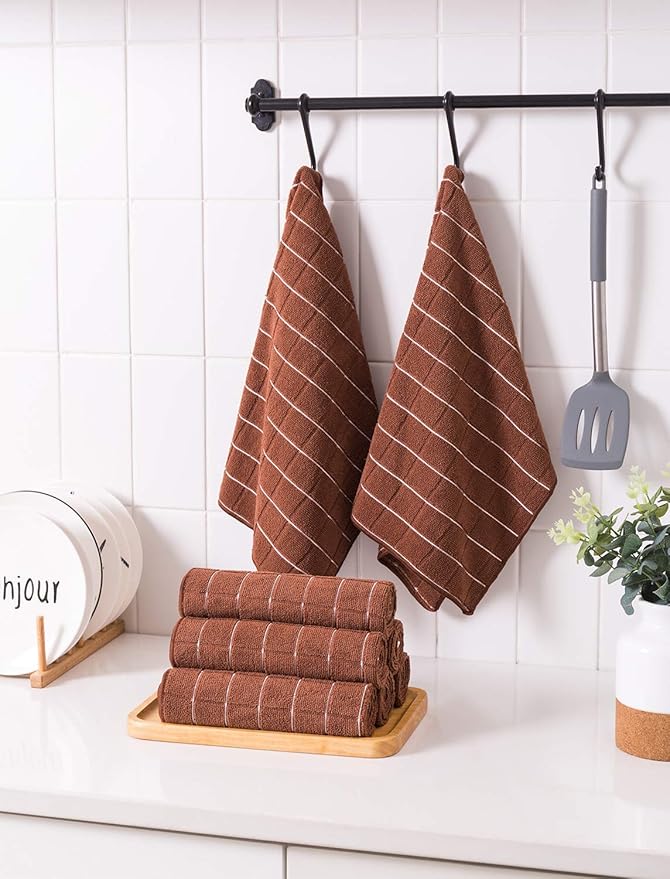 Microfiber Dish Towels - Soft, Super Absorbent and Lint Free Kitchen Towels - 8 Pack (Lattice Designed Brown Colors) - 26 x 18 Inch