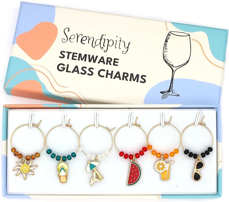 Serendipity Summer Wine Glass Charms, Set of 6 include: Sun bed, Sun, Flipflop, Cocktail, Watermelon and Sunglasses, Set of 6 Summer Gold Enamel Stemware Identifiers