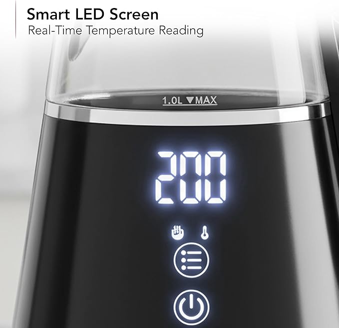OVENTE 1L Small Electric Kettle with 5 Temperature Preset, Digital Display, 5Hr Keep Warm, Auto Shut-Off, Double-Wall Cool Touch Exterior, Borosilicate Glass,1500W BPA Free Water Boiler, Black KD95B