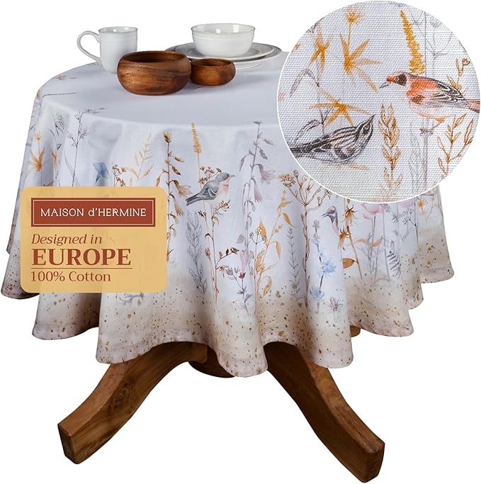 Maison d' Hermine Table Cloth Round Table 100% Cotton 69 Round Inches Tablecloth Reusable Decorative for Dining Room Farmhouse Home Valentines Day Decorations Spring Summer - Meadow Florals - Beige