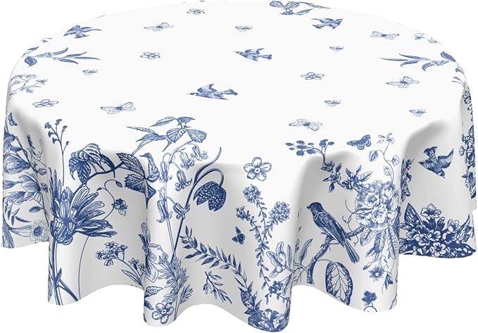 Spring Blue White Floral Round Tablecloth 60 Inch Summer Chinoiserie Flower Bird Circle Table Cloth Rustic Farmhouse Table Cover for Party Kitchen Dinner Home Decor