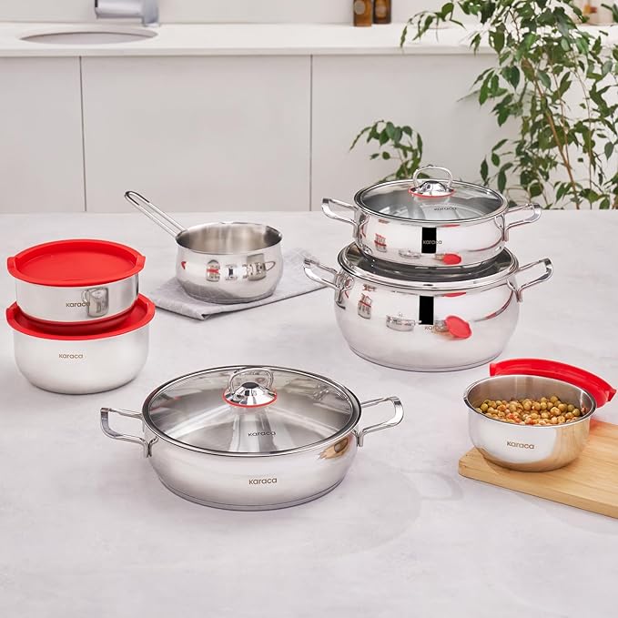 Karaca Stainless Steel Cookware Set 13-Piece, Storage Containers, Creamer Pan, Pot Set, Induction Kitchen Cooking Set for Daily Cooking, Elegant Silver Finish Pots and Pans Set