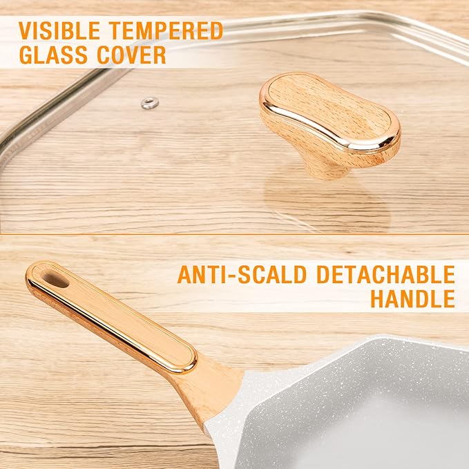 Ceramic Nonstick Octagonal Wok 12.5 inch Die-cast Induction Woks and Stir Fry Pans with Glass Lid PFOA Free (Cream White)