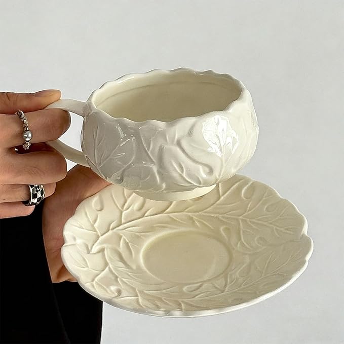 KAMMAK Tea Cups and Saucers Set of 2, Porcelain Coffee Cups, 10-Ounce Stackable Espresso Mugs, Ceramic Demitasse for Coffee, Latte, Americano, Tea, Lucky Cream