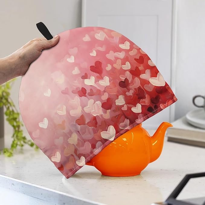 Tea Cozy for Teapots with Handle, Valentine's Day Heart Print Oil Painting Style Dust Insulated Cover, Hanging Fold-Up Design, Suitable for Kitchen and Living Room Table Decoration
