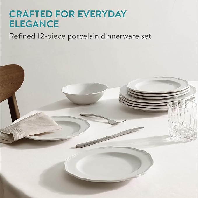 Navaris Scandi Style Porcelain Dinnerware Set - Ceramic Crockery Sets for 4 - Stackable Dishes with Dinner and Salad Plates Cereal Bowls - Dishwasher & Microwave Safe - 12pcs White