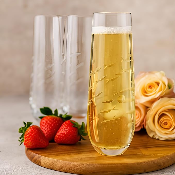 SHOSHIN Stemless Champagne Glasses Set of 4 – 9.5oz Lead-Free Crystal Flutes with Elegant Fish Pattern, Perfect for Parties and Weddings, Dishwasher Safe