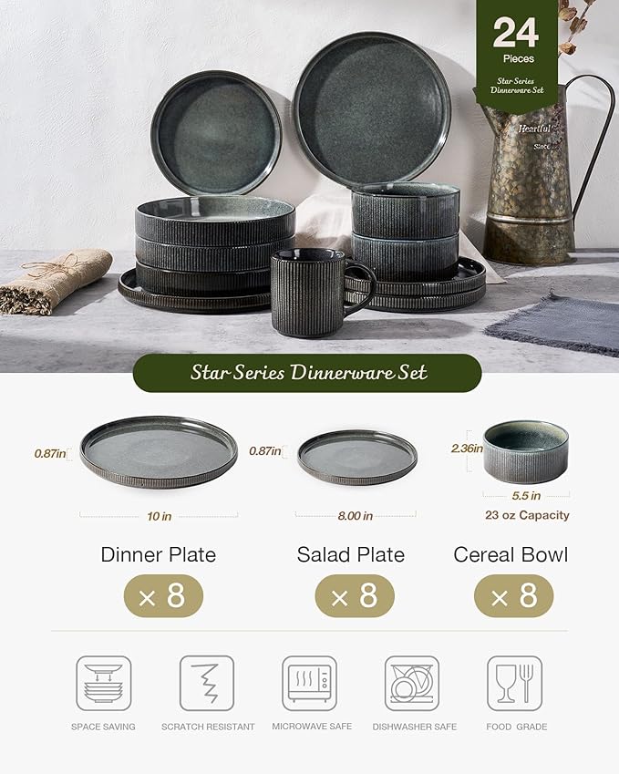 Famiware Star Dinnerware Set, Plates and Bowls Sets for 8 (24pcs), Ribbed Stoneware Dishes - Chip & Scratch Resistant, Microwave & Dishwasher Safe, Deep Forest