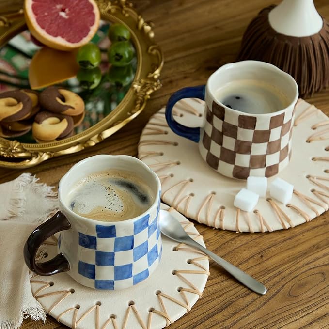 Retro Checkered Ceramic Coffee Mug 16Oz - Extra Large Handle, Microwave Safe Vintage Patterned Tea Cup for Home, Office Brown and White Checkered Pattern, Blue Handle