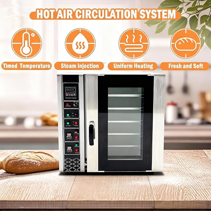 5-Layer Electric Convection Bread Baking Oven Stainless Steel Hot Air Circulation 53Gal Capacity with Steam for Roasting Bread Pizza Nut 220V/3PH