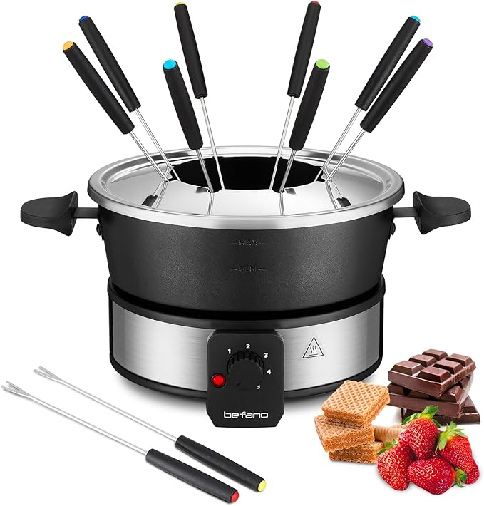 Stainless Steel Fondue Pot with Temperature Control, Forks, Cups, and Rack, 2-Quart, Non-Stick, Perfect for Chocolate, Cheese, Caramel, Marshmallows, Great for Valentine's Day