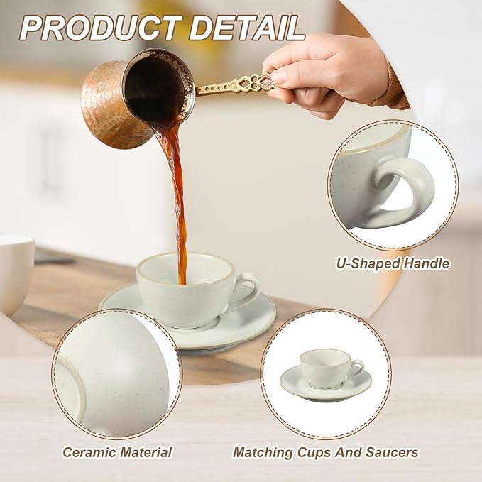 uxcell Handmade Vintage Espresso Cups, 3 oz Coffee Cups and Saucers Ceramic Tea Cup with Handle Dishwasher and Microwave Safe for Latte Cappuccino Milk Office Home Gifts, Morandi White