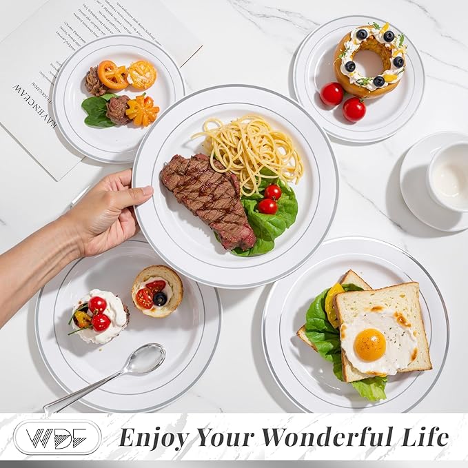 350Piece Silver Plastic Dinnerware Set for 50 Guests - Silver Plastic Plates with Cutlery Include:50Dinner Plates-50Dessert Plates-50Pre Rolled Napkins with Silverware Valentine's Day