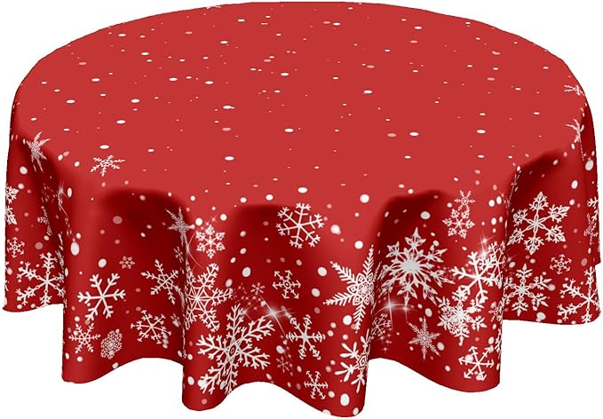 Red Christmas Snowflake Tablecloth Round 70 Inch Xmas Holiday Theme Circle Table Cloth Winter Decorative Table Cover for Kitchen Dinner Home Decor