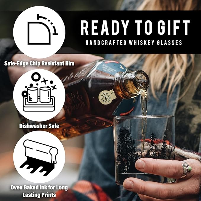 Black Lantern Whiskey Glass Set Forest Landscape Old Fashioned Tumblers for Bourbon, Scotch & Cocktails Nature Inspired 11oz Rocks Glasses for Home Bar & Gifts (Set of 2)
