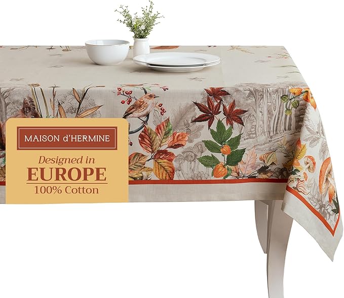 Maison d' Hermine Table Cloth Rectangle Table 100% Cotton 60 x 120 Inches Fall Tablecloth Reusable Everyday Use for Thanksgiving Christmas Decorations Dining Farmhouse Party (Recolte)