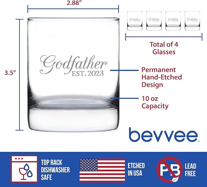 Bevvee Godfather Est 2023 - New Godfather Whiskey Rocks Glass Proposal Gift for First Time Godparents - Set of 4 - Decorative 10.25 Oz Glasses