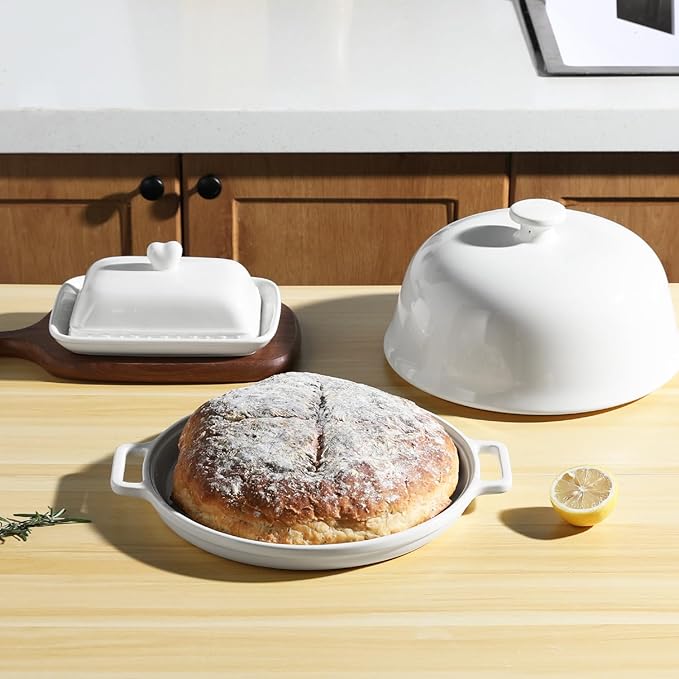 Sweejar Ceramic Bread Oven with Lid, Large Sourdough Bread Baking Pan with Handle, 5QT Porcelain Round Bread Cloche For Baking, Cooking, Roasting (White)