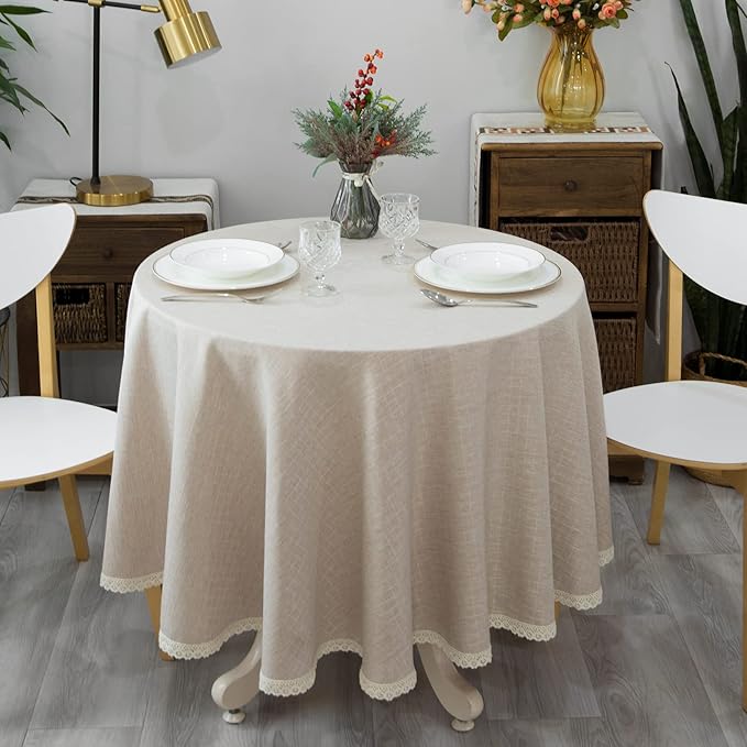 Textured Tablecloth Linen-Look Rustic Burlap Stlye Washable Solid Heavy Weight Lace Trim Fabric Table Cloth,Table Cover for Kitchen Dinning Tabletop Decoration 108 in Round Beige