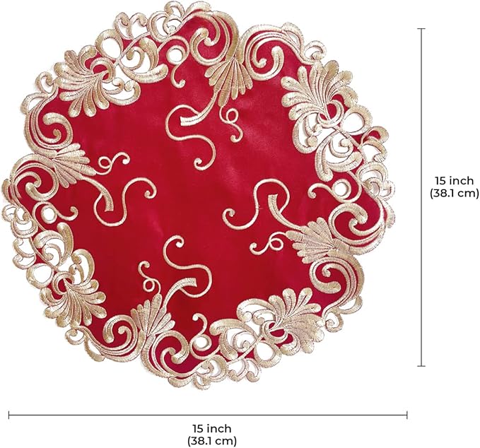 Decozen Set of 12 Doilies for Table, Lace Doilies Rustic Farmhouse Kitchen Dining Table Centerpiece Decor, 15 Inch Gold Burgundy Round Placemats for Home, Valentines Day Gifts, Valentines placemats