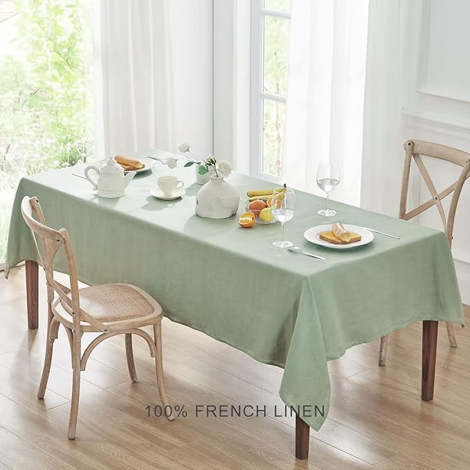 TOSMO 100% French Linen Tablecloth, Washable Farmhouse Rectangle Table Cloth for Kitchen, Dining, Party, Cocktail, Indoor and Outdoor Daily Use(52''x70'',Sage Green)