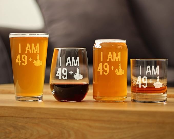 49 + 1 Middle Finger - 50th Birthday Stemless Wine Glass for Women & Men - Cute Funny Wine Gift Idea - Unique Personalized Bday Glasses for Best Friend Turning 50 - Drinking Party Decoration